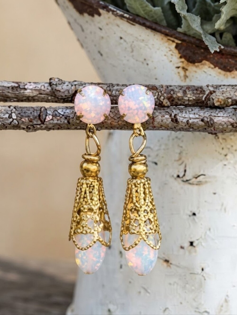 Rose Pink Opal In Victorian Filligree Gold Plated Drop Earrings